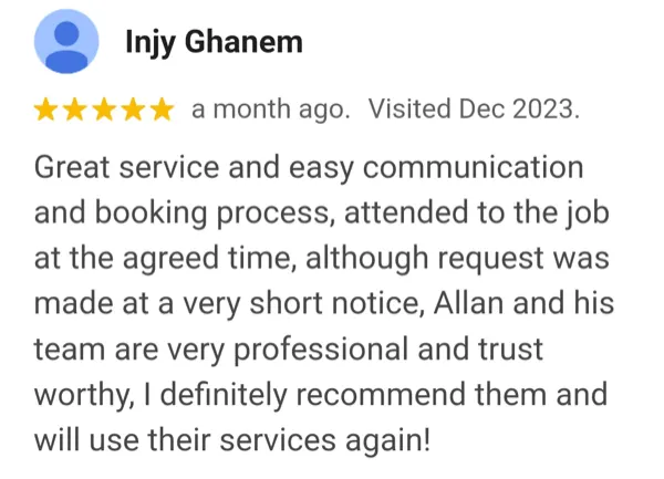 Top-rated customer review for AllJos professional cleaning