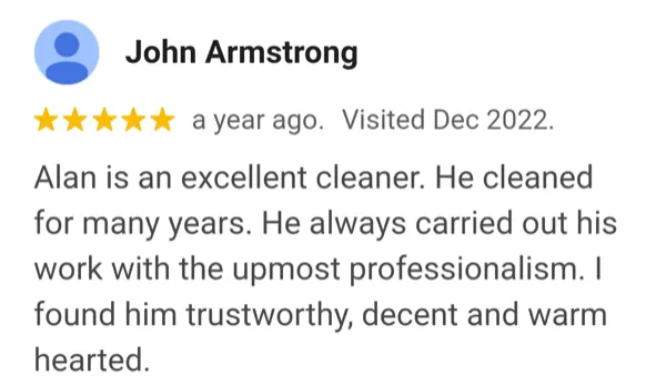 5-star customer review for AllJos Cleaning Services