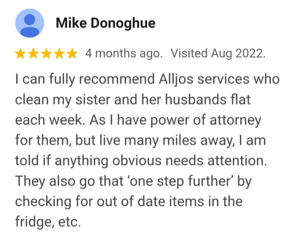 5-star rating review for AllJos residential cleaning services