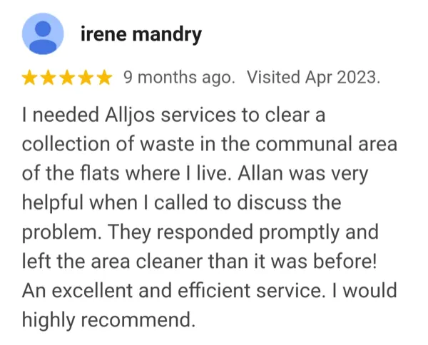 Customer review praising AllJos office cleaning quality